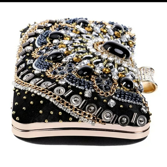 Women's Evening Bag Diamonds Party Prom Clutch Purse Floral Bride Black Handbag - Picture 4 of 13